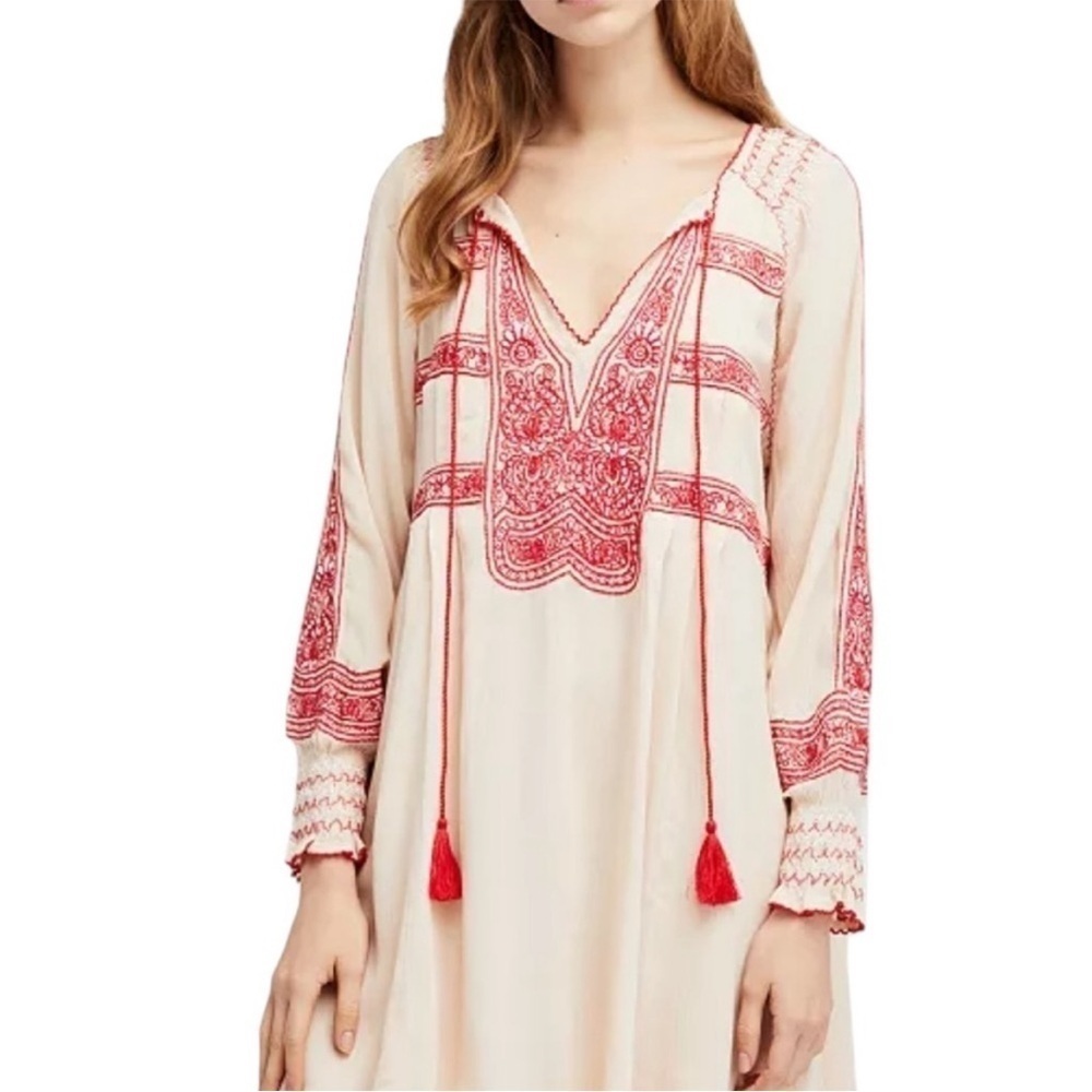 Free People dress Boho Embroidered with Tassels casual prairie cottagecore
